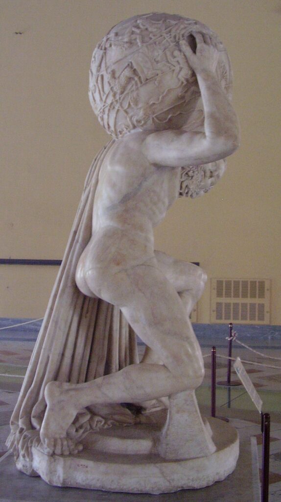 The Atlas Farnese: a monumental marble statue of a man carrying the sphere of the sky on his shoulders; constellations are visible on the surface of the sphere.