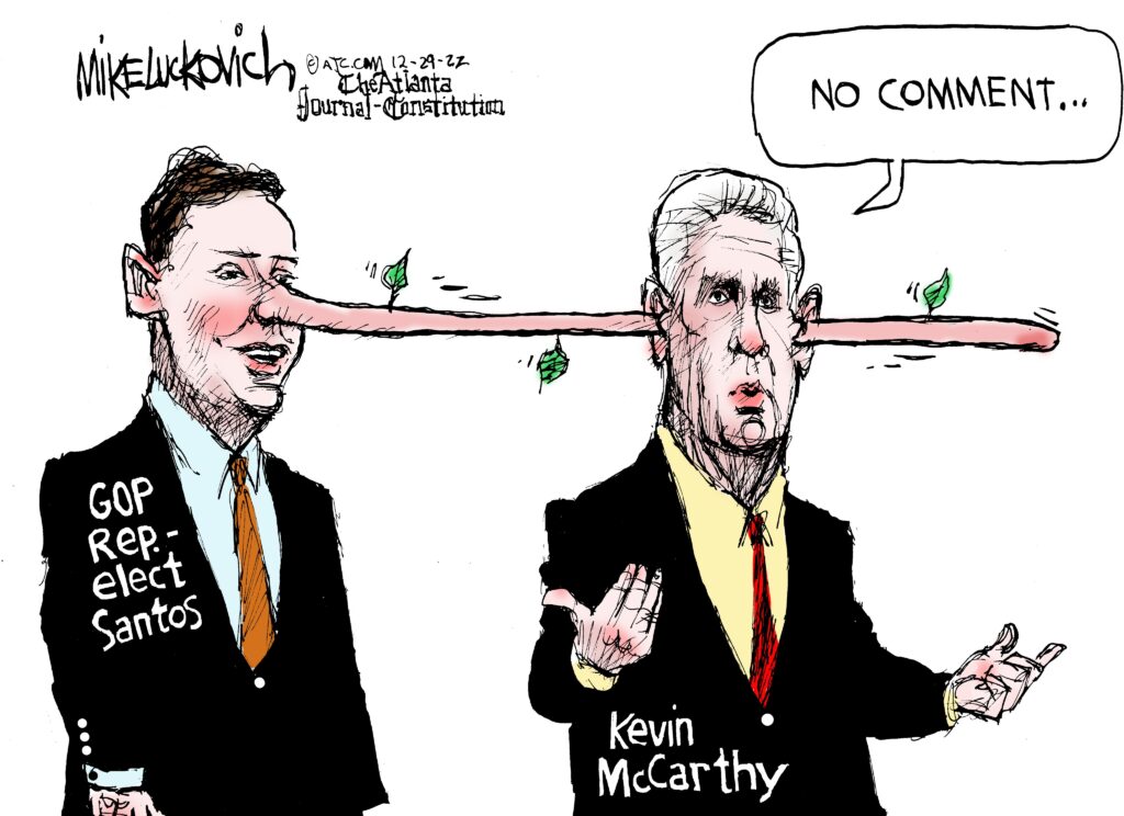 a cartoon showing GOP representative-elect George Santos as Pinocchio, with his wooden nose passing through Representative Kevin McCarthy’s head from ear to ear. McCarthy is saying “No comment…”