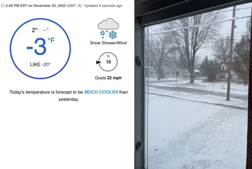 Right: a frosty streetscape from an exurban window, Left: a temperature reading of negative 3 degrees Fahrenheit from a weather website.