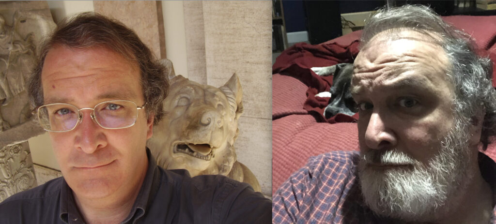 Left: a man and a stone statue of a dog. Right: a man and a live, if not very lively, dog.