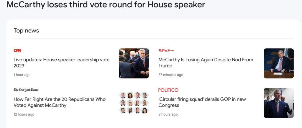 Headlines from Google news; various sources describing Kevin McCarthy’s repeated failures to gain election as Speaker of the House of Representatives.