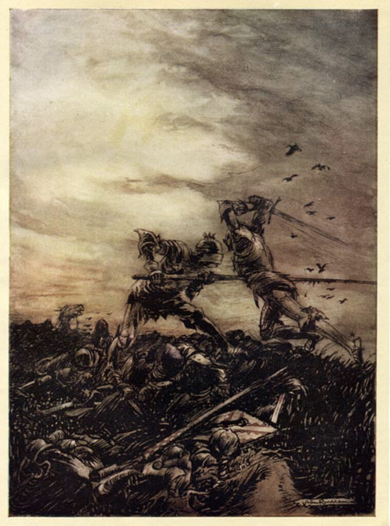 Two armored figures, one armed with a lance, the other with a sword, fighting on a dark battlefield littered with fallen knights.
