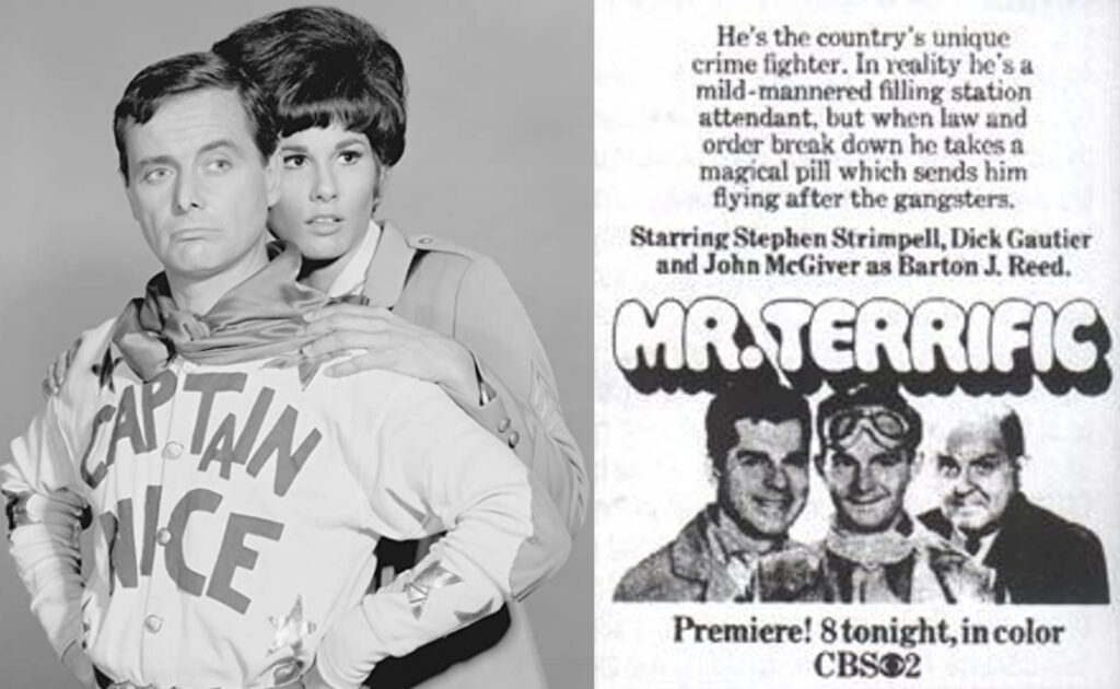 Left: Williams Daniels as Captain Nice and Ann Prentiss, I say Ann Prentiss, as Candy Kane.

Right: a newspaper ad celebrating the premiere of Mr. Terrific.