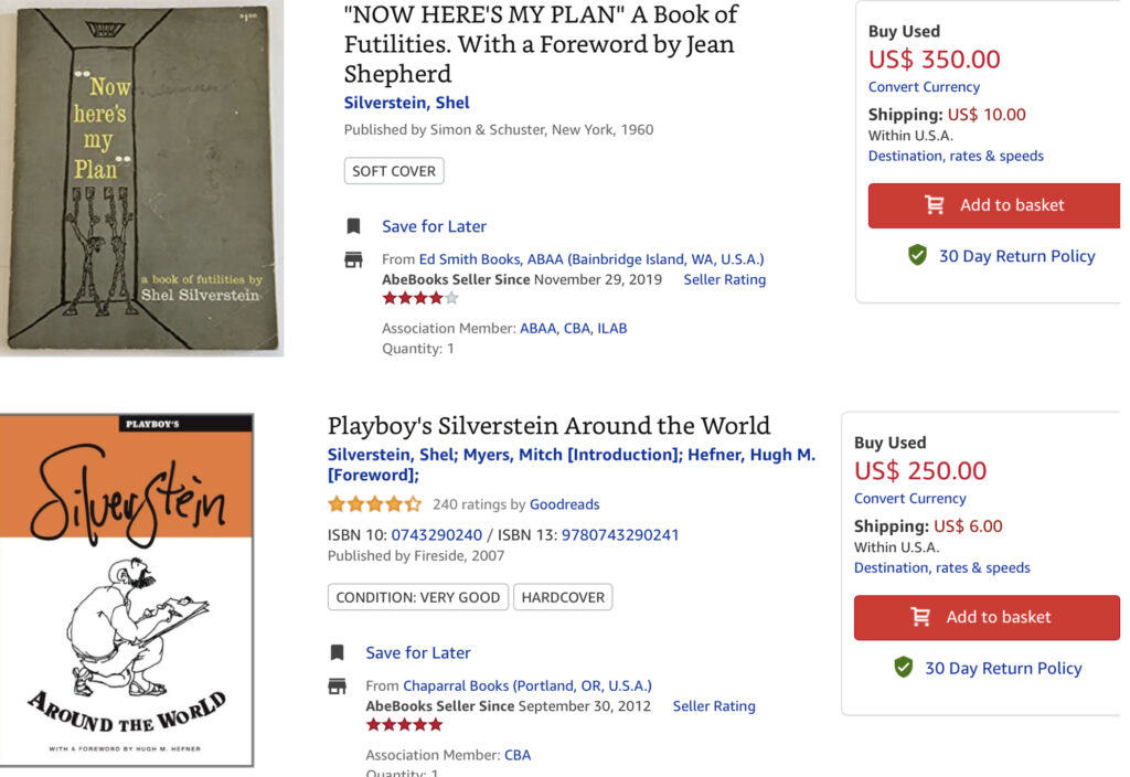 Two listings from ABE Books: Silverstein's 1960 collection "Now Here's My Plan", priced at US$350.00, and "Playboy's Silverstein Around the World" priced at US$250.00.