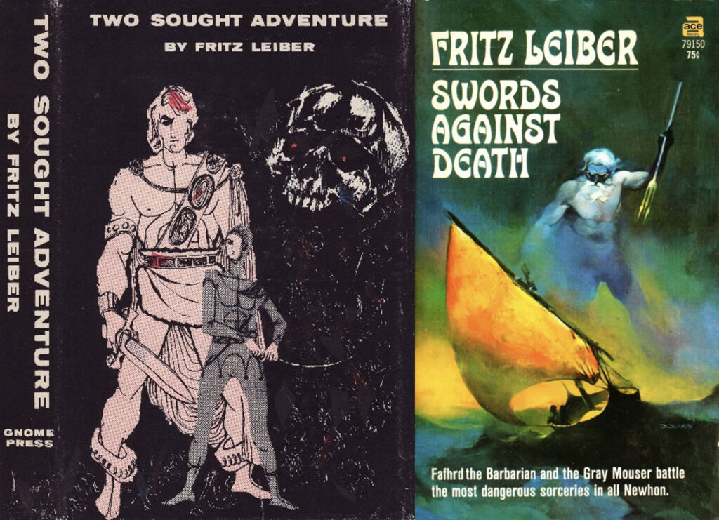 The cover on the left show a large barbarian warrior in front of a smaller swordsman dressed in gray; they are being menaced by a dismbodied skull. The cover on the right shows a small ship in a stormy sea with an angry sea-god above.