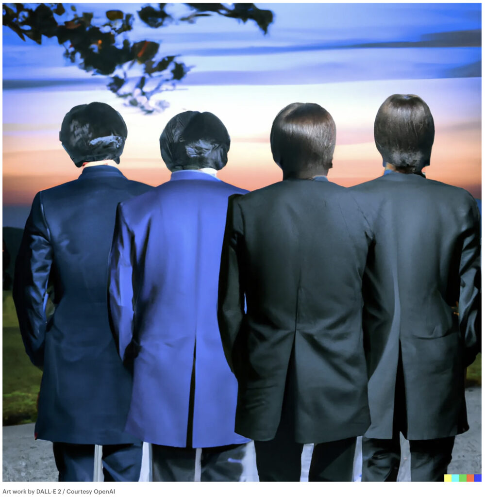 Four men in suits looking toward sunset with their backs to the viewer.