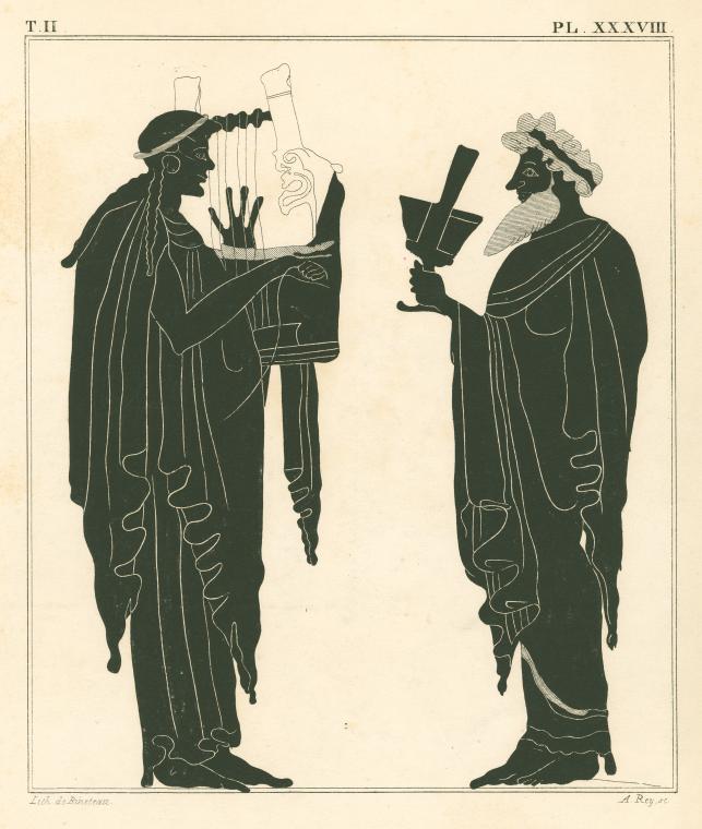 Left: Apollo with his lyre; right: Dionysus with a cup of wine