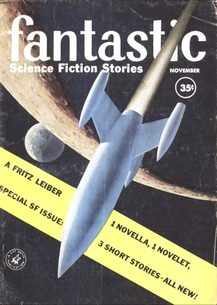 cover of FANTASTIC (November 1959): a generic spaceship flies past a moon with an Earthlike planet in the background.