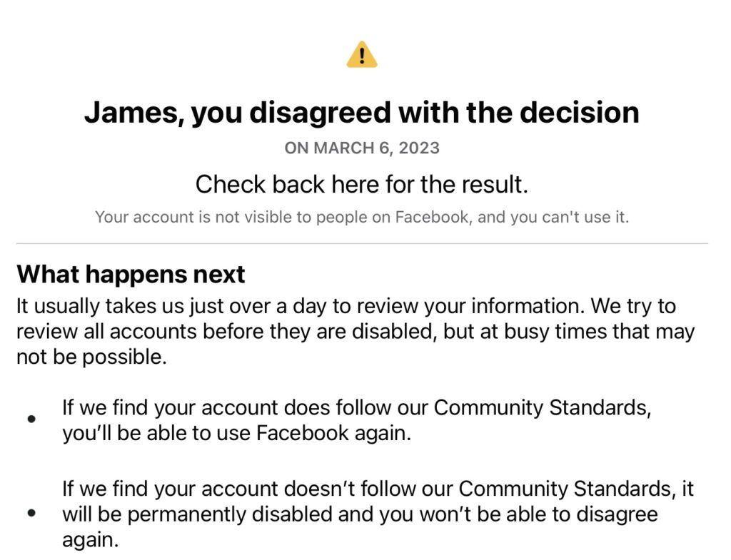 screenshot of a Facebook notification of a suspended account