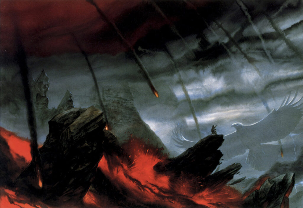 Mordor during Mount Doom's eruption; two small figure stand on a stone outcropping isolated by lava; a giant eagle approaches them on the right.