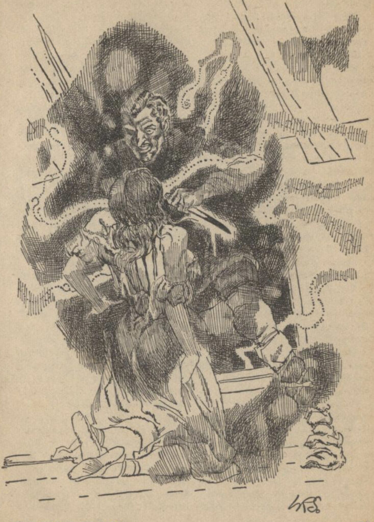 A man with a demented-looking face, surrounded by tentacles of fog, threatens a young woman with a knife.