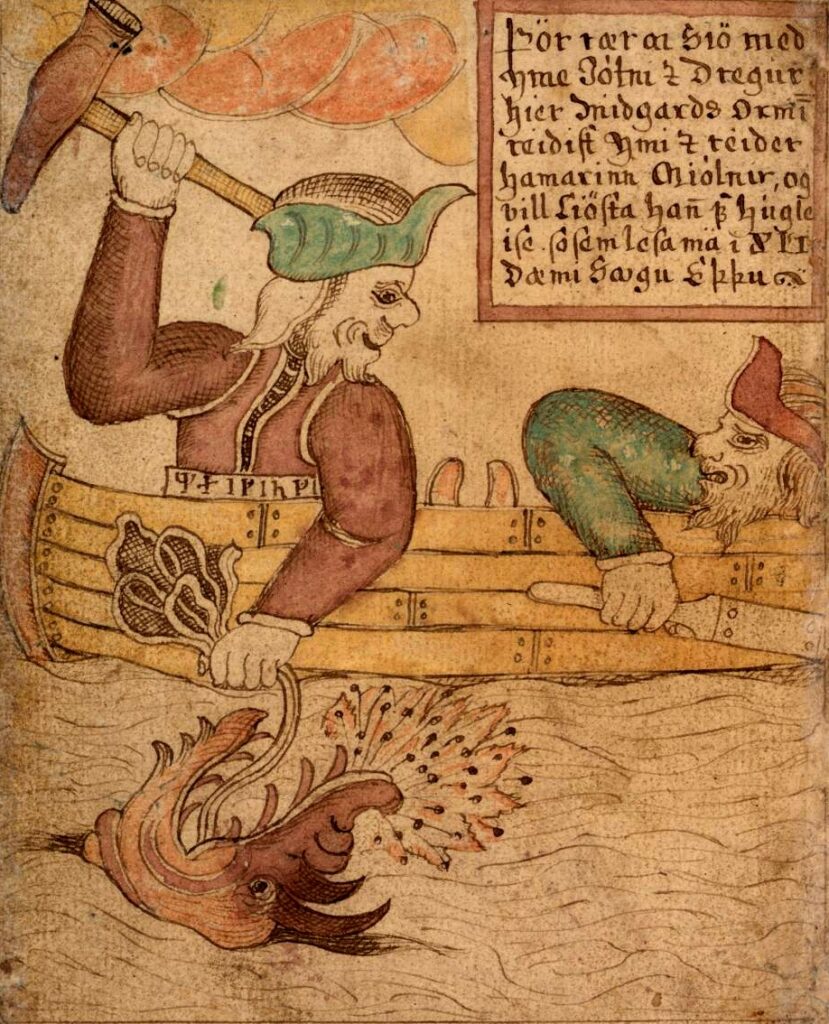 A man in a boat threatens a sea-monster with a hammer; the other man in the boat is scared.