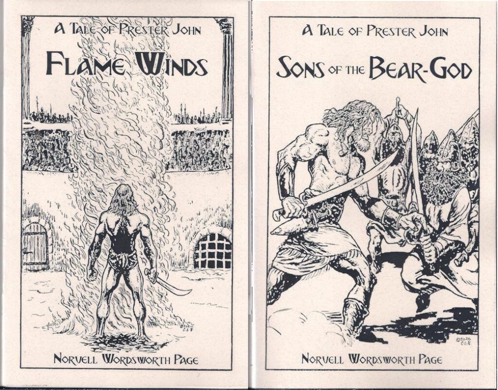 title pages for a recentish pair of chapbooks reprinting Norvell Page's old pulp novellas about Prester John: FLAME WINDS and SONS OF THE BEAR GOD.