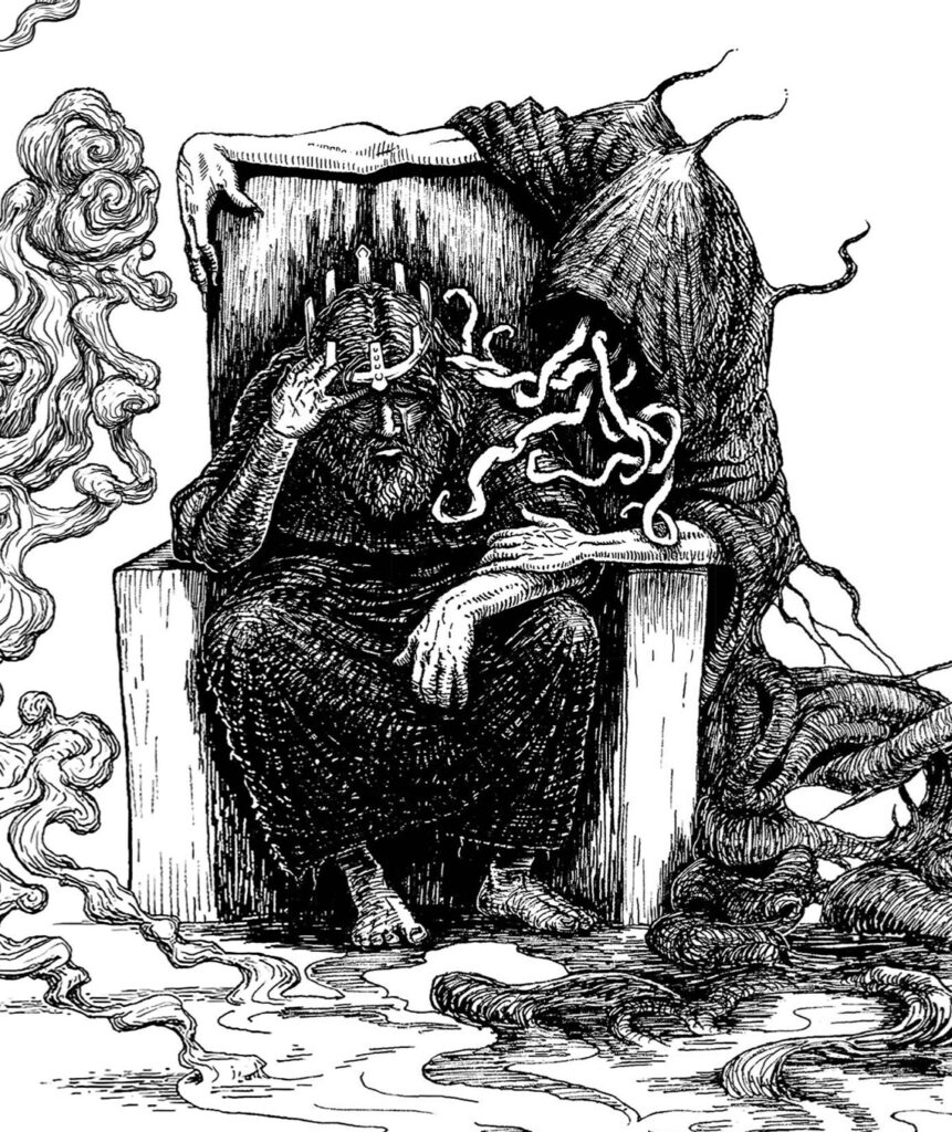 An old king sits wearily in his throne; standing over him is a sinister cowled figure with snakelike protrusions issuing from his cowl.