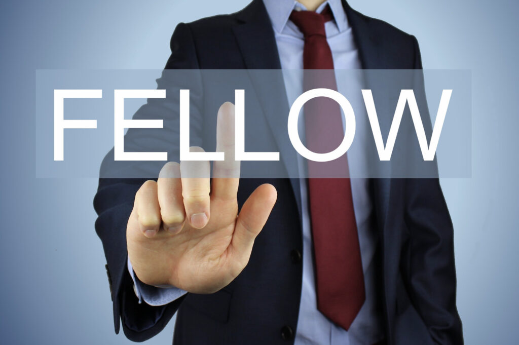 stock image of a man in a tie and suit coat pointing at the word FELLOW