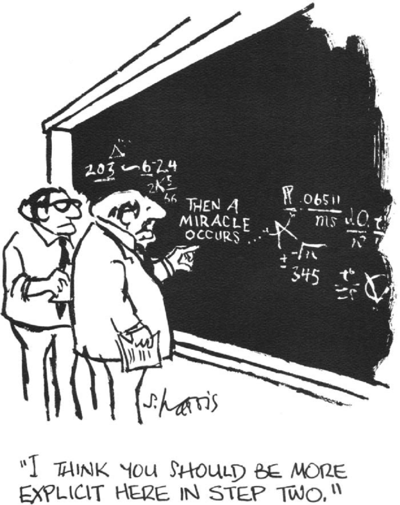 A drawing of two mathematicians looking at a blackboard filled with mathematical formulae. The older mathematician is pointing at a place on the blackboard that reads THEN A MIRACLE OCCURS. The caption is, "I think you should be more explicit here in Step 2."