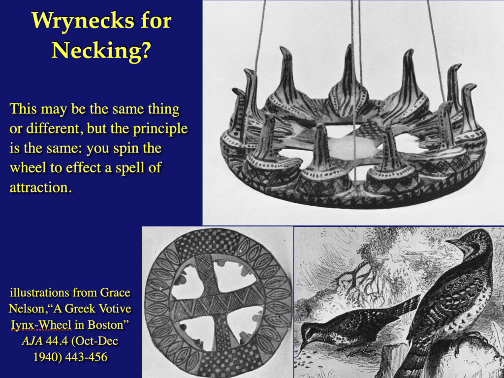 image of a slide from my "Monsters, Ghosts, and Magic" class

The title "Wrynecks for Necking?"

The text: "This may be the same thing or different, but the principle is the same: you spin the wheel to effect a spell of attraction."

the images: pictures of the birds and the magical instrument using their image

credit: "illustrations from Grace Nelson,“A Greek Votive Iynx-Wheel in Boston” AJA 44.4 (Oct-Dec 1940) 443-456"