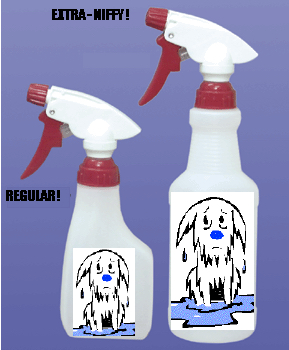 A pair of spray bottles with clipart of a wet dog pasted onto them. The caption by the smaller bottle is REGULAR. The caption by the larger bottle is EXTRA-NIFFY!
