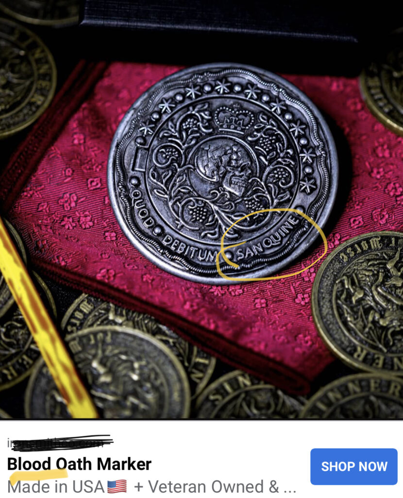 Facebook ad for a "blood oath marker" with misspelled Latin on it