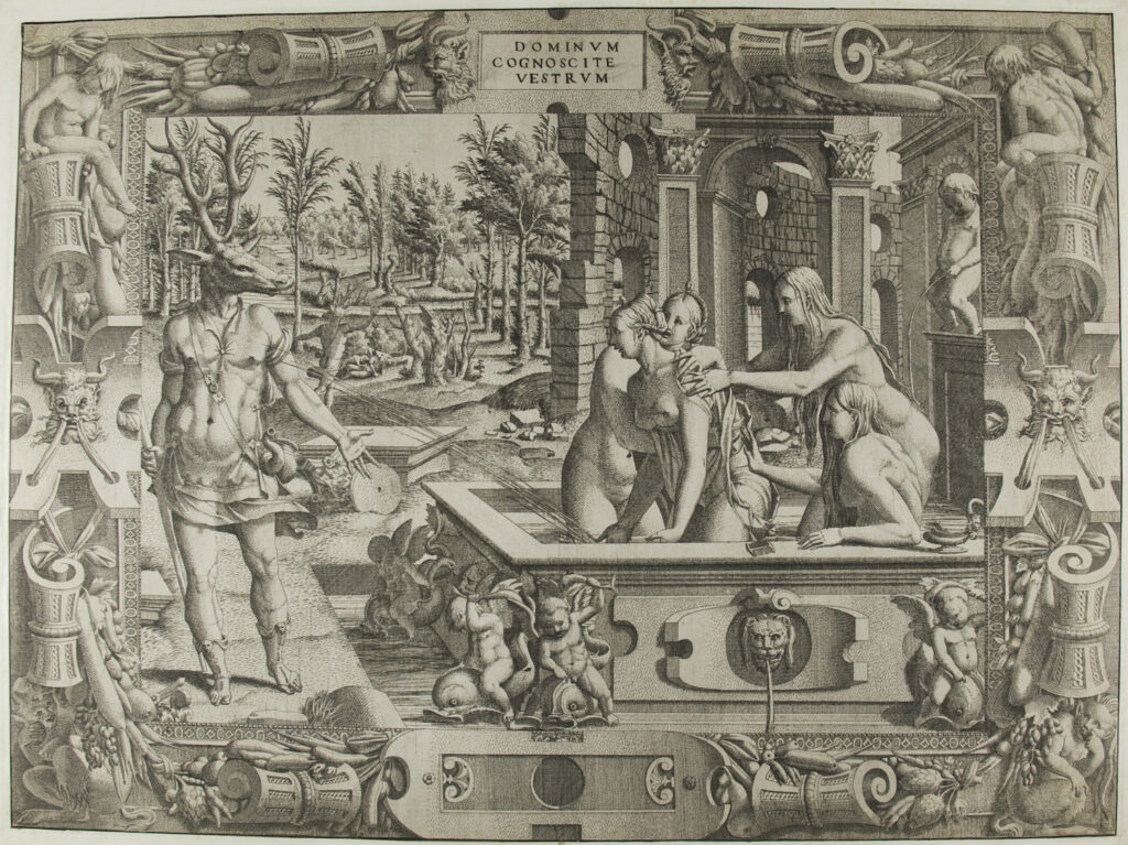 A man in hunting gear who has the head of a stag looks perplexedly at a group of naked women in a bath, one of whom is giving him the Death Stare.