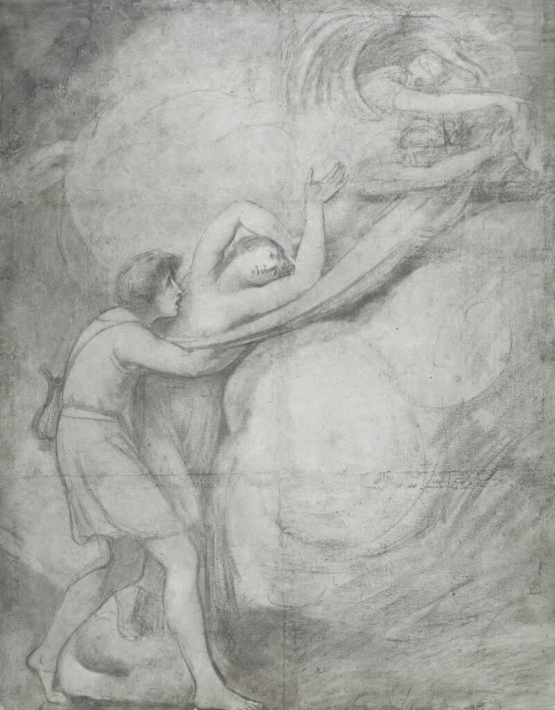 Orpheus attempts to embrace Eurydice as she vanishes in a puff of logic; weird deathy figures in the upper right corner.
