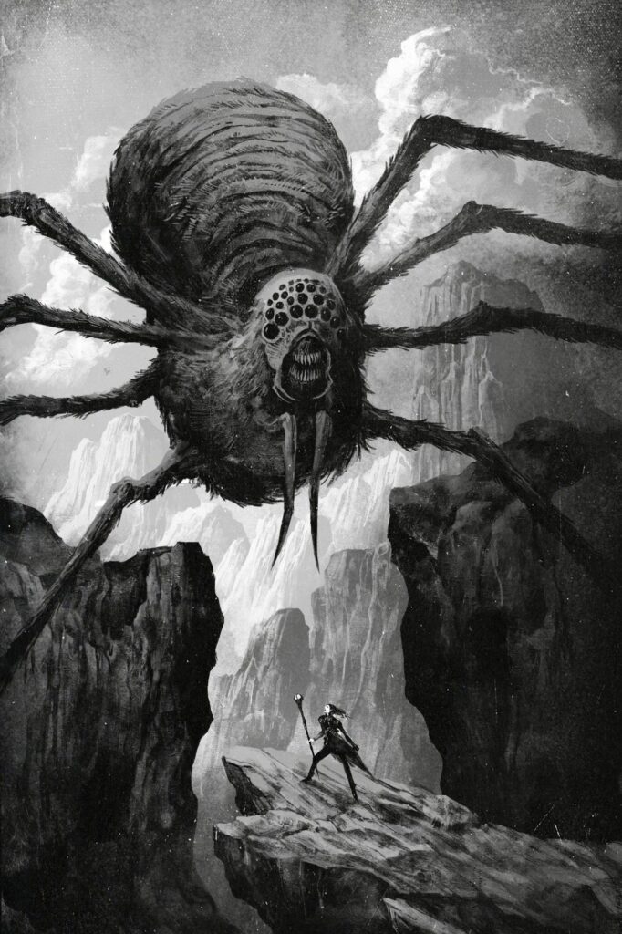 A black-and-white image; in a landscape of cliffs and rocks, a giant spider confront a man armed with a staff.
