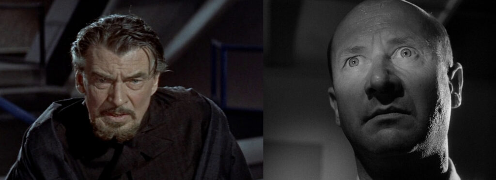 Left, Walter Pidgeon as Dr. Morbius in FORBIDDEN PLANET. Right, Donald Pleasance as Harold Finley in "The Man With the Power".
