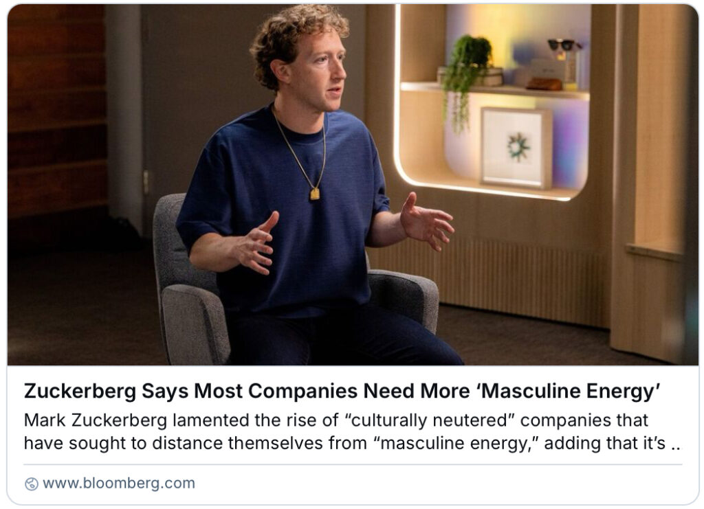 screenshot of a Bloomberg story

image of Mark Zuckerberg

text reads: Zuckerberg Says Most Companies Need More “Masculine Energy” Mark Zuckerberg lamented the rise of "culturally neutered" companies that have sought to distance themselves from "masculine energy,"