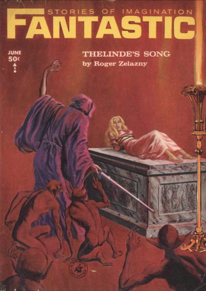 Cover of FANTASTIC STORIES for June 1965; a cloaked and hooded evil sorcerer surrounded by demonic imps approaches an altar with a sword in his hand. Bound on the altar is a young woman who looks rather worried, and is right to be so.