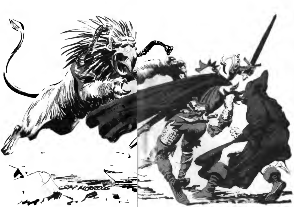 Bad scan of a piece of black and white art. A warrior, who for some reason has horns on his helmet, is attacked by a weird lion-snake-bird monster. Behing him is a monklike firgure providing moral support, I guess.