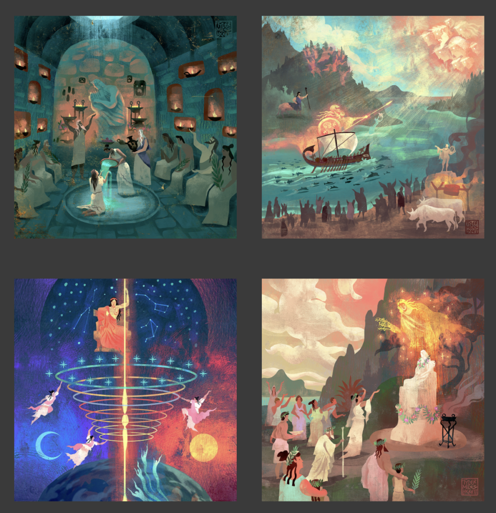 Four thumbnails of brightly colored mythological art. Upper left: a worshipper undergoes a rite of cleansing in a lantern-lit temple. Upper right: an ancient Greek oared ship sails through a narrow strait of water accompanied by dolphins as the sun breaks through clouds above. On the far side of the strait stands a centaur, probably Chiron. On the near side stands a crowd of people pointing in wonder. Lower left: a godlike being presides over circles of cosmic order. Lower right: people in Greek clothes pray to the stone image of a goddess (possibly Demeter, certainly a goddess of vegetative fertility). Above the statue hovers the golden spirit of the goddess herself.