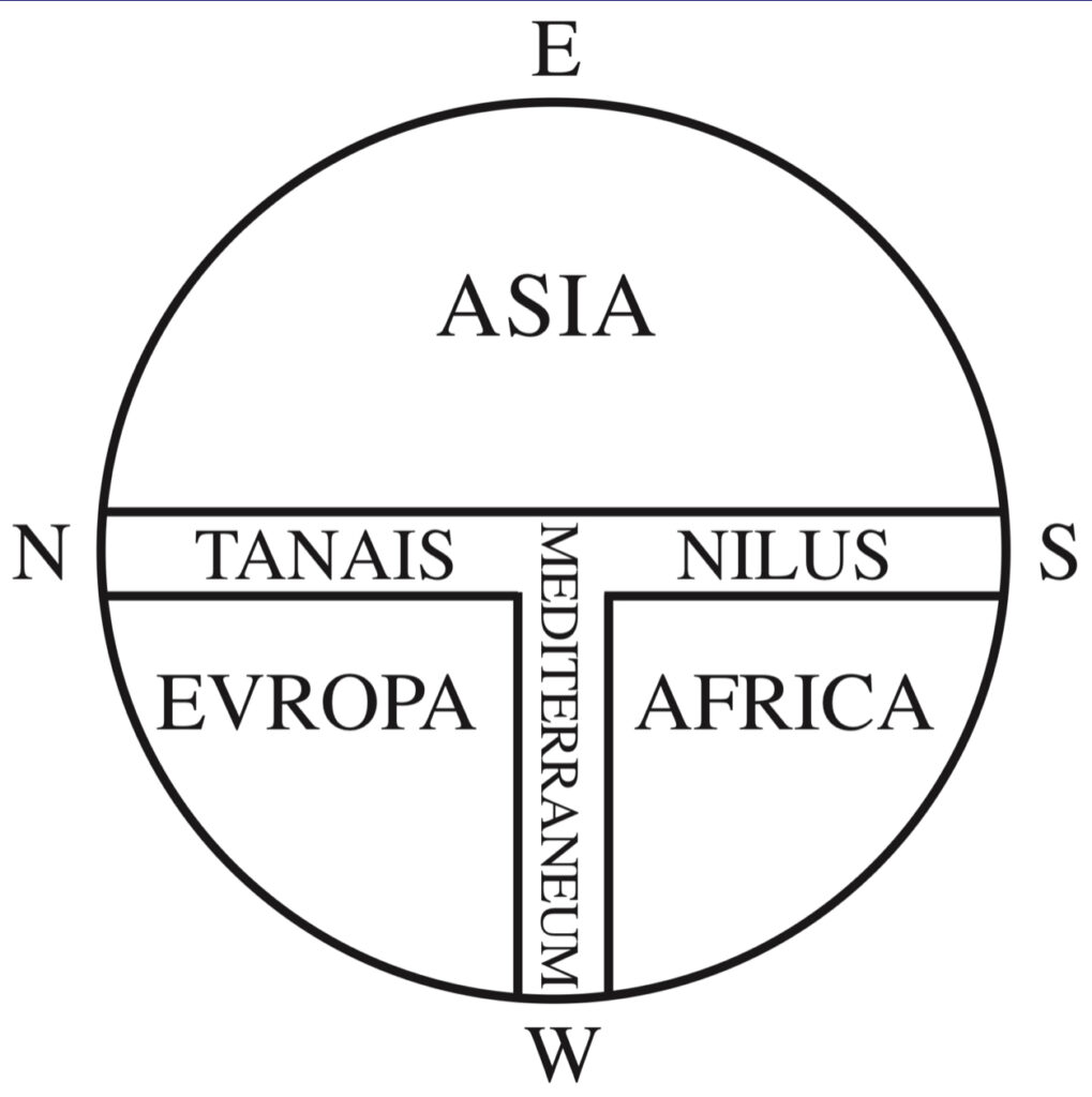 The Isidorean (and Snorrian) mappa mundi after an illustration in a manuscript in the Bayerische Staatsbibliotek, Munich.

The image depicts the known world as a circle divided in half by a line of water labelled Tanais (the Don) running from the center northwards, and Nilus (the Nile) running from the center soutwards. The upper (Eastern) half of the map is labelled ASIA. The lower half is divided by a line of water marked MEDITERRANEUM (the Mediterranean). The northwestern corner is labeled EVROPA and the south west quarter is labelled AFRICA.