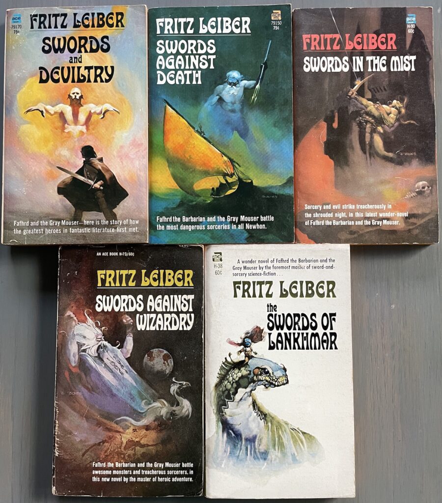 A photo of the Ace editions of Leiber's SWORDS AND DEVILTRY, SWORDS AGAINST DEATH, SWORDS IN THE MIST, SWORDS AGAINST WIZARDRY, and THE SWORDS OF LANKHMAR, cover art by Jeffrey Catherine Jones.