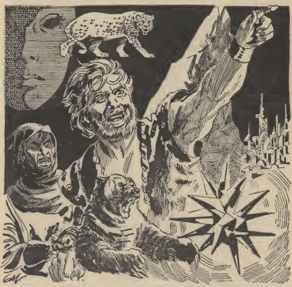 A monochrome image. At the center if Fafhrd, a large barbarian, pointing at something out of frame, while the Gray Mouser looks on in dismay. surrounding them are elements from the story: a roaring bear, the Heart of Light, some Ice Gnomes, the snow cat Hrissa, a masklike woman's face only half visible.