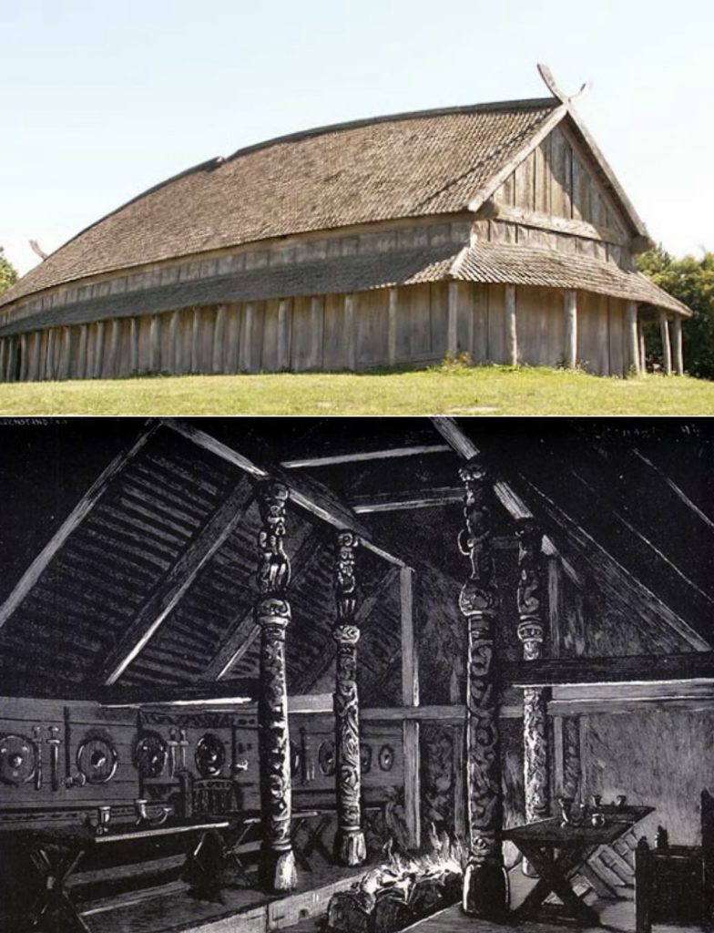 A pair of images stacked atop each other. The upper one is a photo of the exterior of the type of hall described in the paragraph above. The lower image is a reconstruction of such a hall's interior.