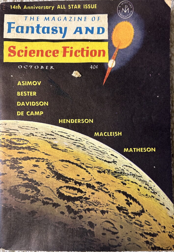 the cover of F&SF for Oct 1963; image is an astronomical painting by Bonestell of a lifeless cratered planet or planetoid in orbit around a binary star