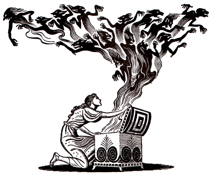 A black-and-white drawing of a woman kneeling by a large box or trunk; she has just opened it. Out of the box are swarming a clouds of sinister ghostly beings.