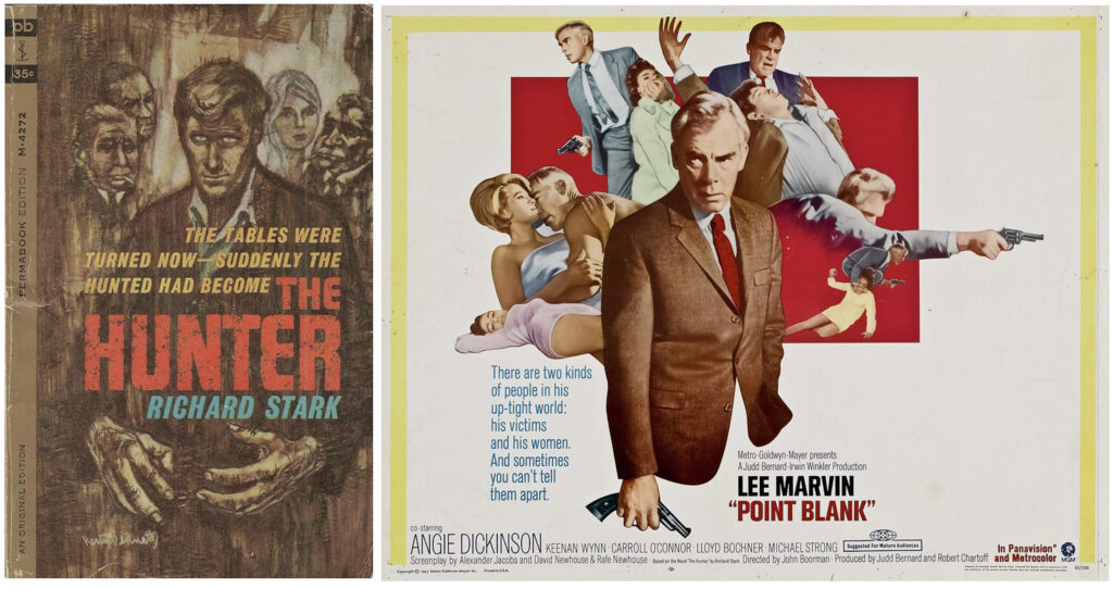 Left: the cover of the first edition of "Stark"/Westlake's THE HUNTER. The cover painting by Harry Bennett depicts a guy who looks kind of like Lloyd Bridges but with enormous knotty hands, surrounded by various underworld figures. 

Right: a poster for John Boorman's movie POINT BLANK. The central figure is Lee Marvin holding a gun in his right hand; surrounding him is a collage of scenes from the movie.