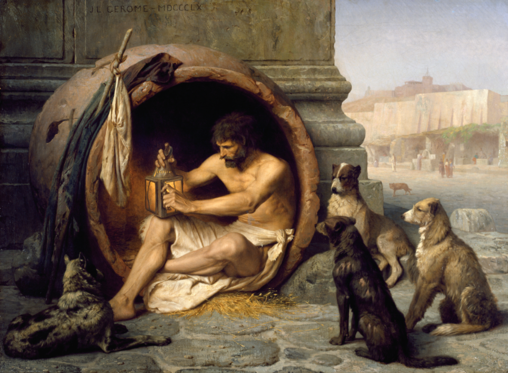In the painting, a bearded man sits in a large jar, lighting a lamp; surrounding him are some quizzical-looking dogs.