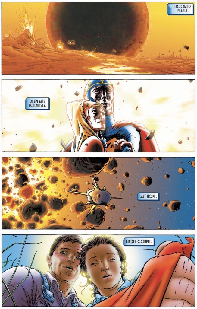 A page of a comic book with four image panels stacked atop each other. 

The first one displays a landscape breaking up with a large, ominous celestial object in the background. The caption is "DOOMED PLANET." 

The second one shows a man and a woman in retro-futuristic costume holding each other and weeping as they stare into the sky. The caption is "DESPERATE SCIENTISTS."

The third panel shows a small spaceship hurtling away from an exploding planet. The caption is "LAST HOPE."

The fourth panel shows a pair of farmers, a man and a woman, looking down with wonder at something lying in a field. The woman's hand in the foreground holds a piece of red cape. The caption is "KINDLY COUPLE."